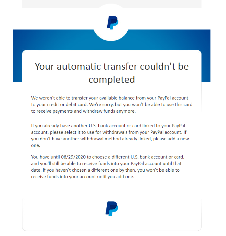Your automatic transfer couldn't be completed - PayPal Community